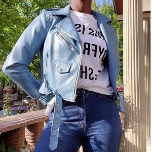Zara Faux Leather Cropped Jacket - Powder Blue